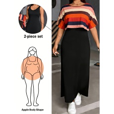 批发<b class='q'>欧美</b>跨境外贸大码女装亚马逊背心裙<b class='q'>套装</b>条纹连衣裙两件套夏季大码