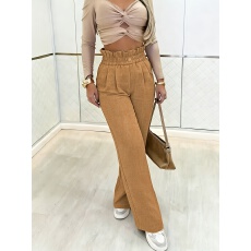 批发欧美跨境外贸大码女装裤子纯色休闲直筒口袋长裤子花苞腰大码裤子