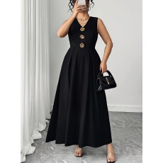 批发<b class='q'>欧美</b>跨境外贸大码女装亚马逊夏季V领收腰显瘦<b class='q'>连衣裙</b>法式简约无袖