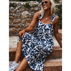 批发<b class='q'>欧美</b>跨境外贸大码女装亚马逊新款蓝色印花裙子背带<b class='q'>连衣裙</b>大码显瘦