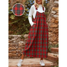 批发欧美跨境外贸大码<b class='q'>春</b>夏女装亚马逊新款格子背带连衣裙口袋大码裙子