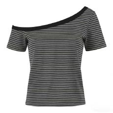 批发230克冰丝罗纹 辣妹斜肩短袖上衣女设计感夏季纯色露肩百搭<b class='q'>t</b><b class='q'>恤</b>