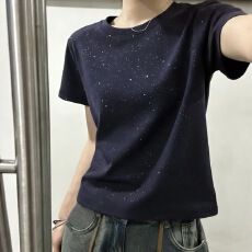 批发230<b class='q'>克</b>冰丝罗纹 正肩满天<b class='q'>星</b>短袖t恤女设计感圆领显瘦上衣亮闪闪