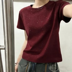 批发230<b class='q'>克</b>冰丝罗纹 正肩满天<b class='q'>星</b>短袖t恤女设计感圆领显瘦上衣亮闪闪