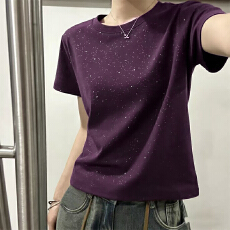 批发230<b class='q'>克</b>冰丝罗纹 正肩满天<b class='q'>星</b>短袖t恤女设计感圆领显瘦上衣亮闪闪