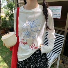批发竹节罗纹   成品现货 薄款微透t恤罩衫女百<b class='q'>合</b>印花ins长袖衫女