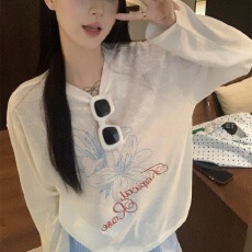 批发竹节罗纹 成品现货 薄款微透t恤罩衫女百<b class='q'>合</b>印花ins长袖宽松衫女