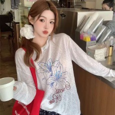 批发竹节罗纹 成品现货 薄款微透t恤罩衫女百<b class='q'>合</b>印花ins长袖宽松衫女