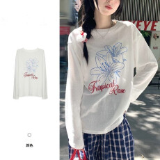 批发竹节罗纹 成品现货 薄款微透t恤罩衫女百<b class='q'>合</b>印花ins长袖宽松衫女