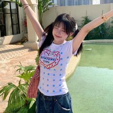 批发230<b class='q'>克</b>冰丝罗纹美式辣妹爱心星星满印短袖T恤女正肩修身收腰小个子