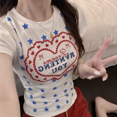 批发230<b class='q'>克</b>冰丝罗纹美式辣妹爱心星星满印短袖T恤女正肩修身收腰小个子