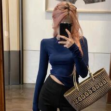 230克冰丝罗纹 长袖t打底衫女春秋新款纯色内搭正肩圆领修身上衣