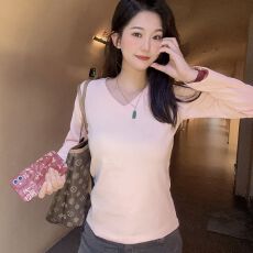 230克冰丝罗纹 纯色V领长袖T恤打底衫女新款春秋内搭修身显瘦上衣