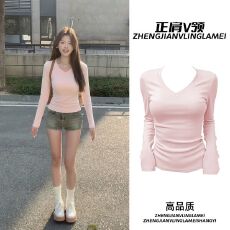 230克冰丝罗纹 纯色V领长袖T恤打底衫女新款春秋内搭修身显瘦上衣