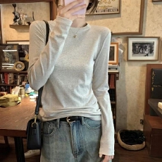 批发螺纹德绒200克 长袖t打底衫女春秋新款纯色内搭正肩圆领修身上衣