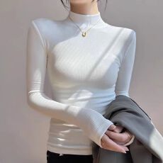 批发螺纹德绒200克 半高领打底修身春秋紧身显瘦时髦高档螺纹黑色上衣