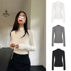 批发螺纹德绒200克 半高领打底修身春秋紧身显瘦时髦高档螺纹黑色上衣