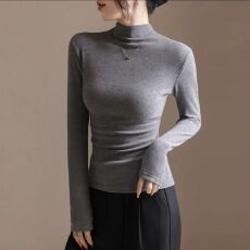 批发螺纹德绒200克 半高领打底修身春秋紧身显瘦时髦高档螺纹黑色上衣