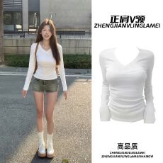 批发螺纹德绒200克 纯色V领长袖T恤打底衫女新款春秋内搭修身显瘦上衣