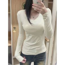 批发螺纹德绒200克 纯色V领长袖T恤打底衫女新款春秋内搭修身显瘦上衣