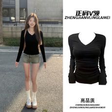 批发螺纹德绒200克 纯色V领长袖T恤打底衫女新款春秋内搭修身显瘦上衣