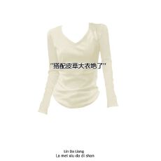 批发螺纹德绒200克 纯色V领长袖T恤打底衫女新款春秋内搭修身显瘦上衣