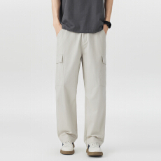 美式多口袋解构直筒工装裤男夏季新款潮牌褶皱宽松百搭休闲长裤子