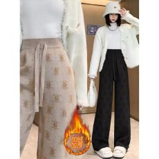 批发加绒提花针织新款阔腿植绒裤女秋<b class='q'>冬</b>裤子高腰显瘦宽松拖地直筒垂感