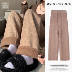 批发加绒加厚提花针织阔腿裤女秋<b class='q'>冬</b>潮流新款高腰垂感拖地窄版直筒裤子