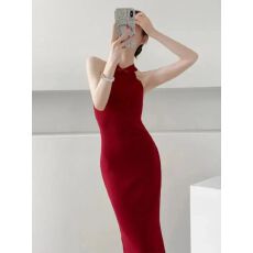 批发针织<b class='q'>连衣裙</b>无袖挂脖改良旗袍中式长裙