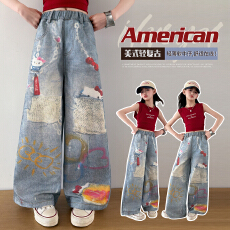 春装新款全喷数码牛仔裤 女童kitty牛仔裤中大童