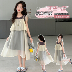 批发<b class='q'>夏</b>装新款女童百褶吊带套裙中大童连衣裙三件套