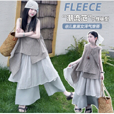 夏季新款森系不规则套装中大童连衣裙两件套女童