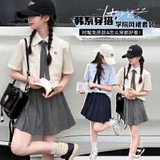 批发夏季新款女童泰兰德学院风百褶裙套装中大童校服裙两件套