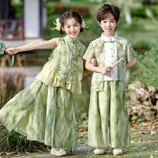 批发夏季新款男女童新中式短袖兰亭序夏款古风男女童套装表演服