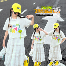 批发夏装新款童装太阳花半身裙两件套女童中大童学院风小个子套装