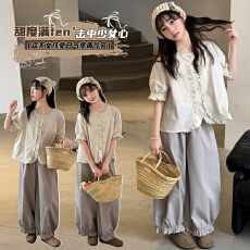 批发韩系温柔风褶皱花边短袖上衣<b class='q'>女</b><b class='q'>童</b>宽松<b class='q'>显瘦</b>灯笼裤 夏款休闲两件套