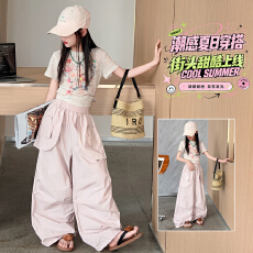 批发<b class='q'>女</b><b class='q'>童</b>休闲套装夏季薄款<b class='q'>修身</b>印花T恤宽松阔腿裤中大童洋气网红套装