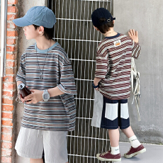 批发<b class='q'>男童</b><b class='q'>套装</b>短袖夏季新款儿童复古条纹宽松体恤中大童男孩休闲韩系