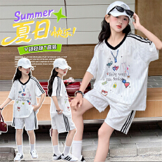 批发女童速干<b class='q'>运动</b>套装 夏季透气条纹印花短袖+短裤 儿童休闲两件套