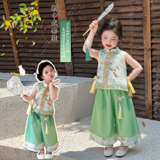 批发女童新中式国风<b class='q'>套装</b>夏季2026新款儿童汉服唐装宝宝盘扣无袖两件套