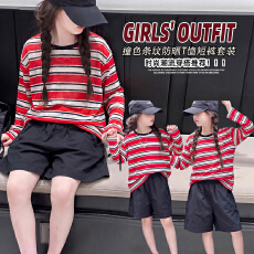 批发<b class='q'>女</b><b class='q'>童</b>夏季冰丝条纹防晒T恤套装 大童宽松薄款透气五分裤两件套