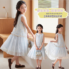 批发中大童无袖连衣裙 <b class='q'>女</b><b class='q'>童</b><b class='q'>夏装</b>新款国风刺绣公主裙 雪纺透气背心裙