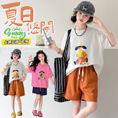 批发<b class='q'>女</b><b class='q'>童</b>纯棉T恤短裤套装新款网红ins风卡通印花中大童夏季休闲两件套