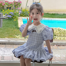 批发女童<b class='q'>连衣裙</b>夏季2026新款儿童格子娃娃领泡泡袖公主裙小女孩<b class='q'>花苞</b>裙
