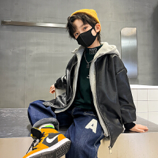批发潮酷黑色连帽拉链宽松短款皮革儿童普通外套 百搭显瘦