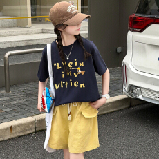 批发新款女童中大童两件套夏装T恤短裤套装