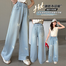 春装新款同中大童牛仔裤烫钻蝴蝶长裤