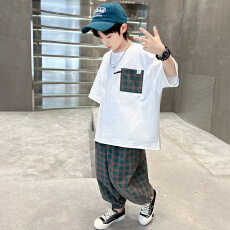 批发【26年夏款】<b class='q'>男</b><b class='q'>童</b><b class='q'>中大</b><b class='q'>童</b><b class='q'>夏季</b>套装格子拼接短袖T恤防蚊裤两件套