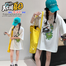 批发纯棉女大童韩版夏季印花宽松半袖<b class='q'>牛仔</b>短裤两件套
